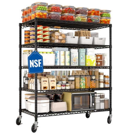 TrumanPick 5-Shelf Adjustable Heavy Duty Storage Shelves-48"W x 24"D x 76"H Metal Organizer, Garage Shelving with Wheel, Wire Shelf for Kitchen Pantry Warehouses Closets, Black