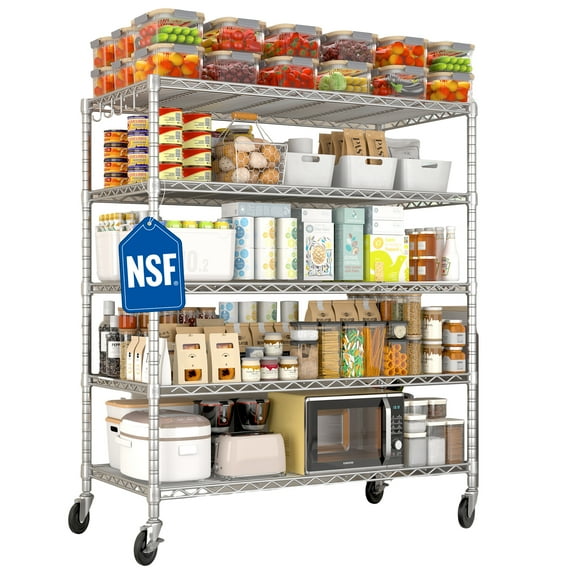 TrumanPick 5-Tier Wire Storage Shelves 81"H x 48"W x 24"D Pantry Organizer Heavy Duty Metal Shelf, Adjustable Wire Rack with Hooks, Garage Shelving Unit for Kitchen, Chrome