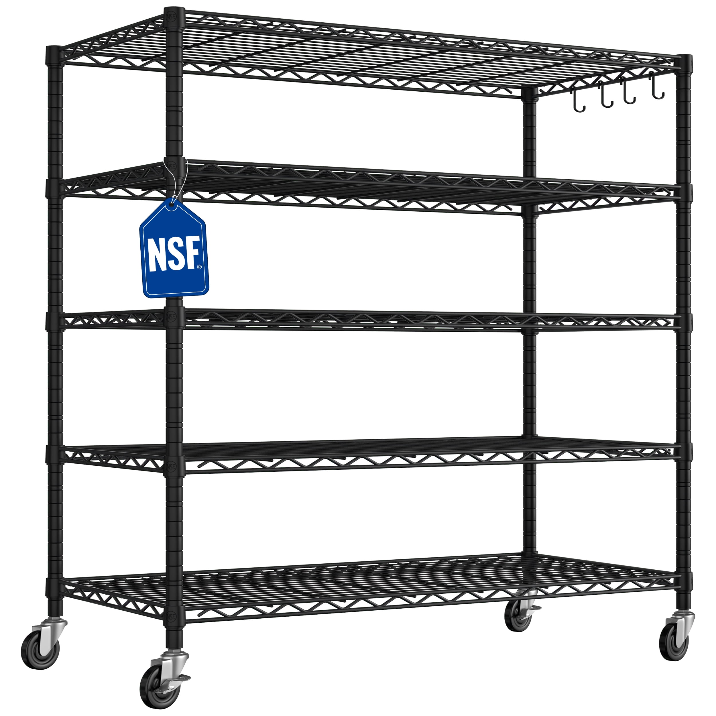 TrumanPick 5-Tier Storage Shelves, 48"W x 24"D x 76"H Metal Garage Shelving with Wheels, Heavy Duty Wire Shelving Rack for Kitchen, Black