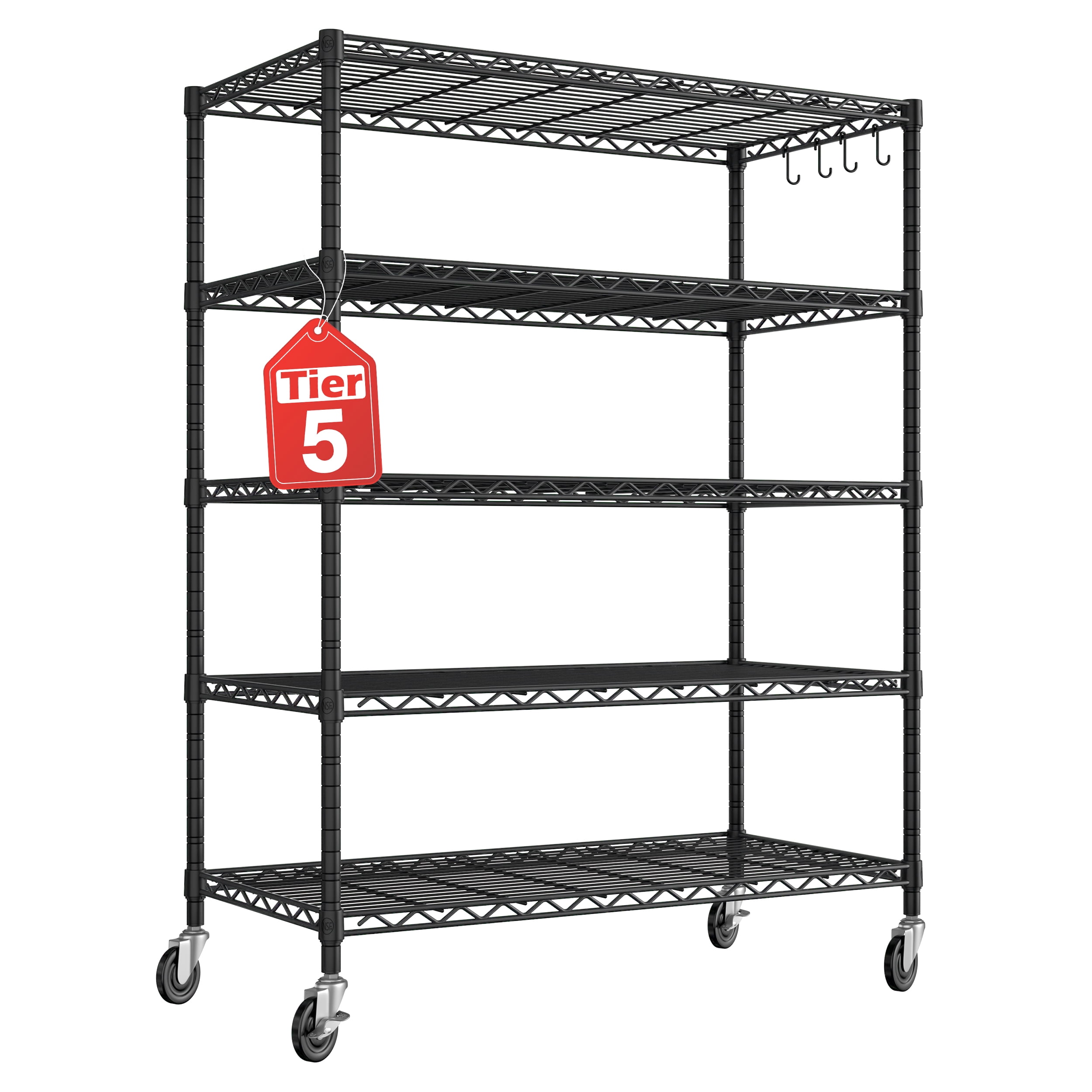 TrumanPick 5-Tier Storage Shelves, 48"W x 24"D x 76"H Metal Shelf Adjustable Height Wire Shelving with Wheels, Heavy Duty Garage Shelving Storage, Utility Wire Rack Storage Shelving Unit, Black