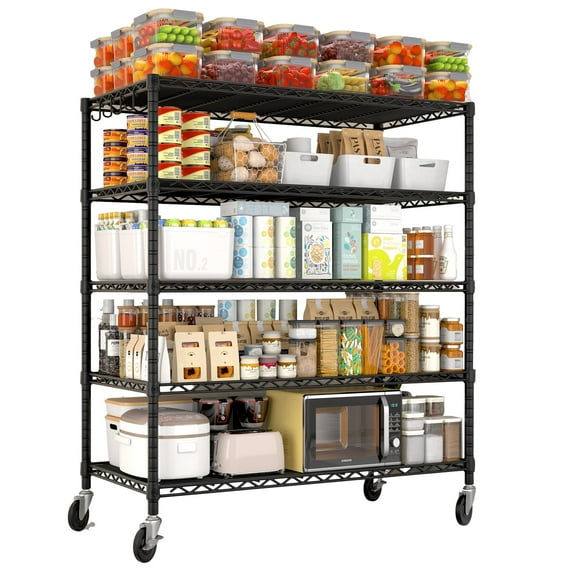 TrumanPick 5 Tier Wire Shelving 48"W x 24"D x 76"H Heavy Duty Wire Rack, Adjustable Garage Organizer with Wheels, Storage Shelves Load 3000LBS, ,Black