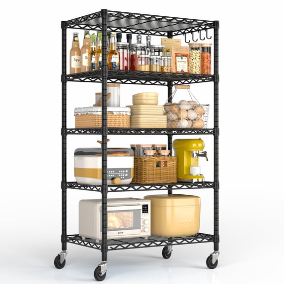 TrumanPick 5-Tier Wire Shelving Unit with Wheels, 24"W x 18"D x 72"H Adjustable Storage Rack for Garage Pantry Kitchen, Black