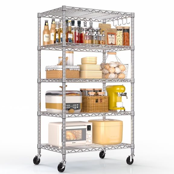 TrumanPick 5-Tier Wire Shelving Unit with Wheels, 24"W x 18"D x 72"H Adjustable Storage Rack for Garage Pantry Kitchen, Chrome