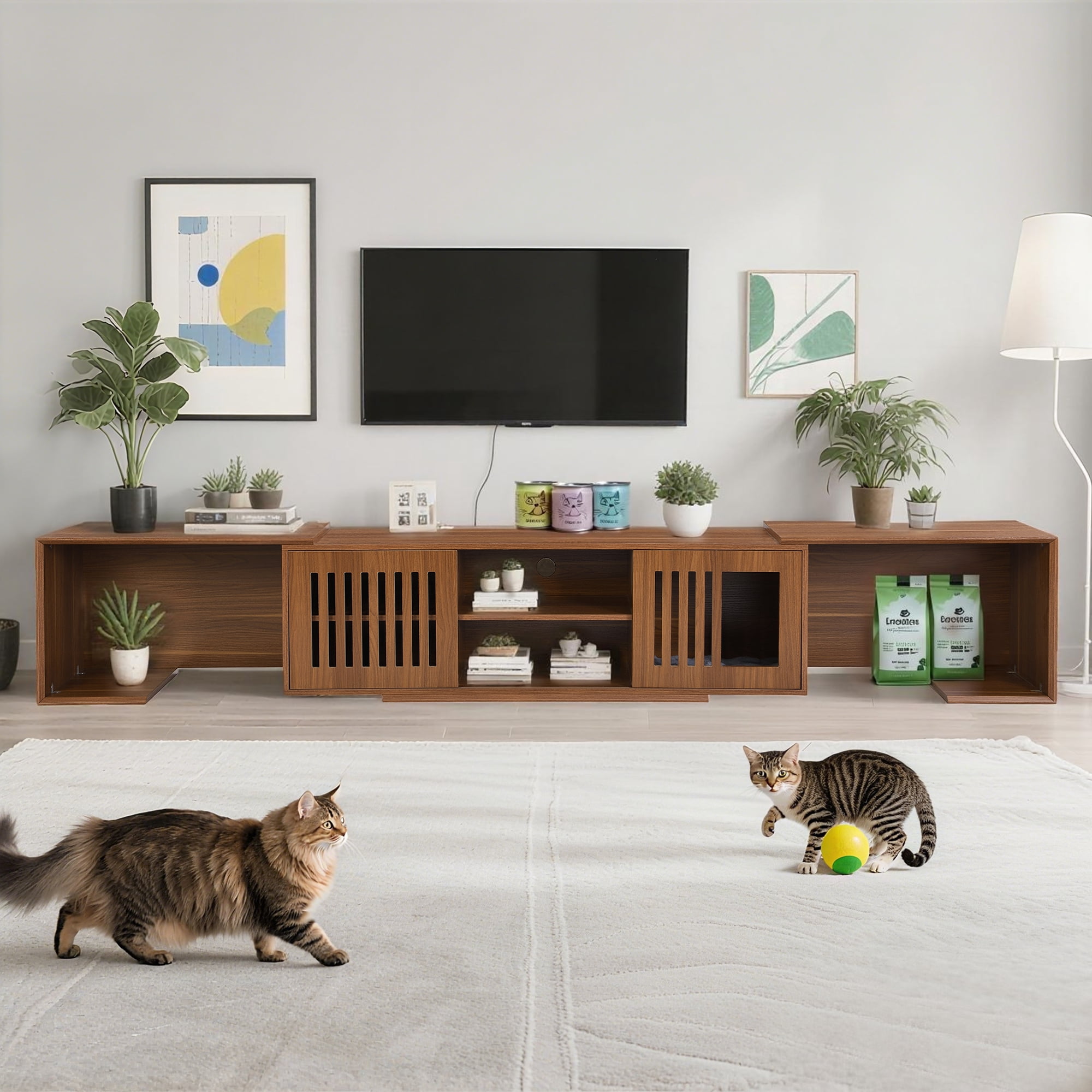 TrumanPick 54.3-80" Morden Extendable Cat TV Stand with Storage Cat Friendly Furniture with Cat House & Litter Box Enclosure , Entertainment Center, Walnut