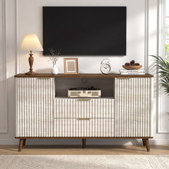 TrumanPick 55.3" Fluted TV Stand with LED Lights, Mid-Century Wood Entertainment Center for 65 Inch TVs, Beige&Walnut
