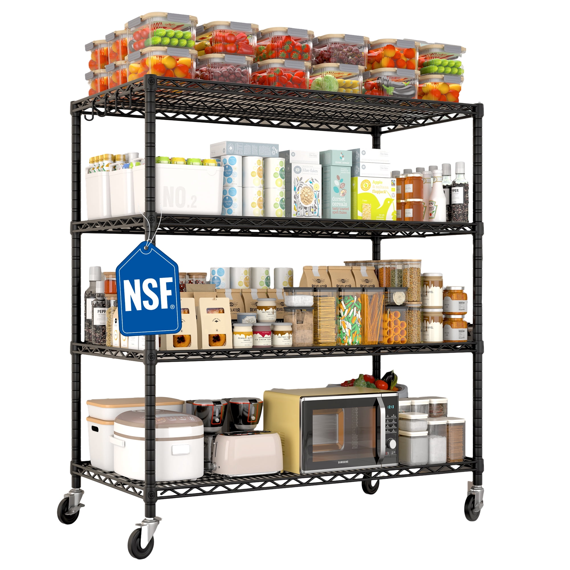 TrumanPick 55.5"W x 24"D x 76"H Heavy Duty Storage Shelves - 2400LBS Garage Shelving with Wheels & Feet, 4-Tier Adjustable Metal Wire Shelving Unit for Pantry Kitchen Commercial Industrial, Black