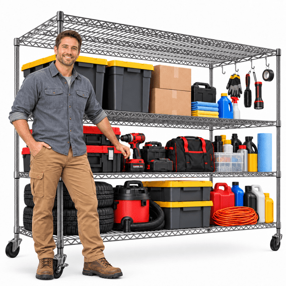 TrumanPick 55.5"W x 24"D x 76"H Wire Shelving, 2400 lbs Heavy Duty Garage Shelves, 4-Tier Adjustable Storage Shelves with Wheels, Rolling Wire Rack for Industrial & Residential, Chrome