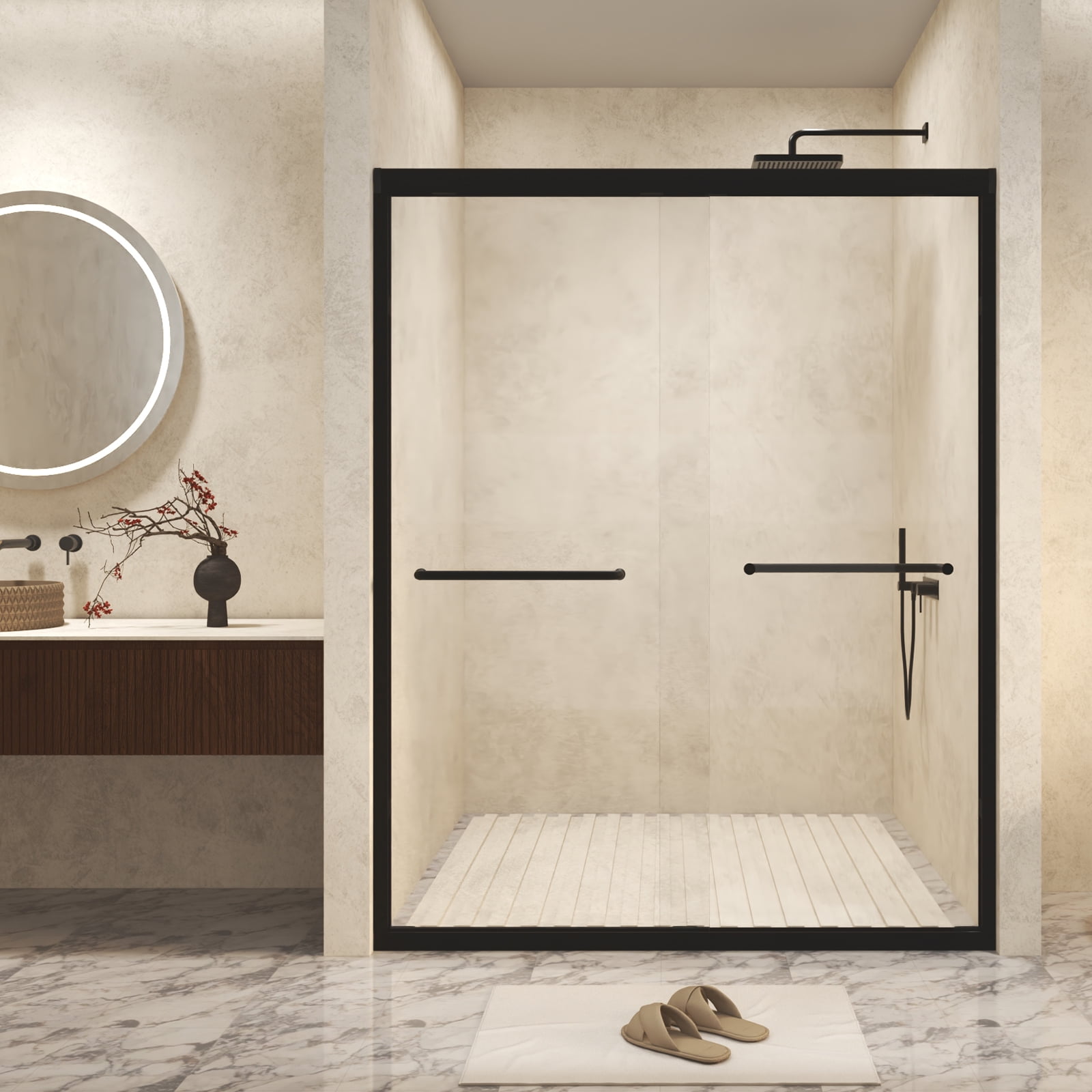 TrumanPick 56-60 "W x 72"H Explosion-Proof Film Glass Shower Door "1/4 (6 mm)Aluminum Frame Double Sliding Shower Door, Stainless Steel handle, Matte Black