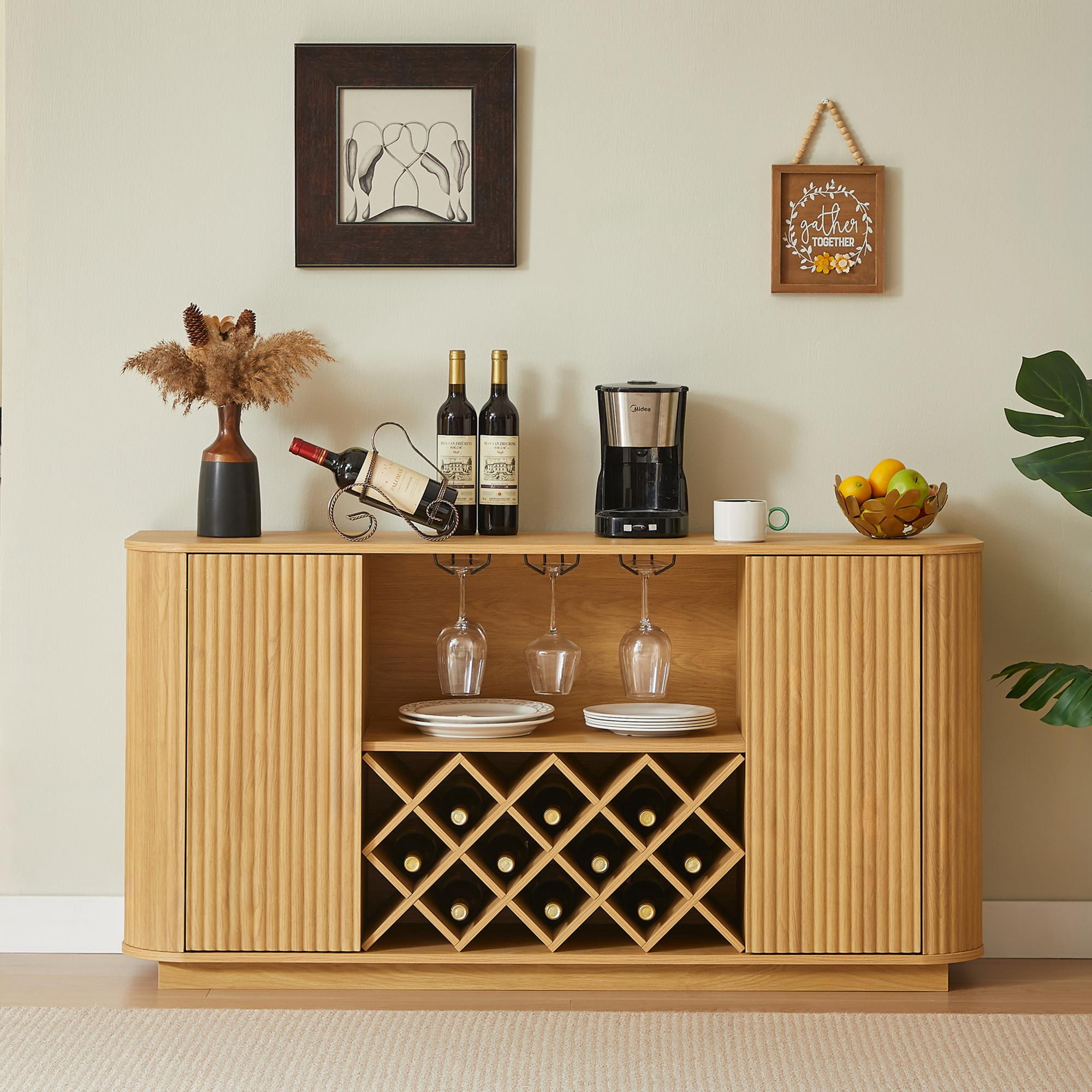 TrumanPick 58" Wine Bar Cabinet with Adjustable Shelves,Modern Liquor Whiskey Coffee Station, Farmhouse Buffet Sideboard with Storage for Living Room, Kitchen, Entryway, Natural