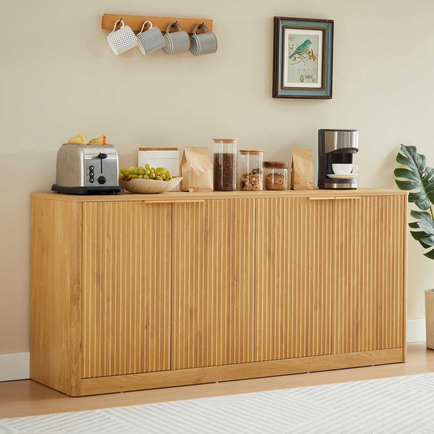 TrumanPick 59" Buffet Cabinet with Storage, Large Credenza with 4 Doors Accent Storage Cabinets Mid Century Modern Sideboard for Living Room Kitchen, Natural