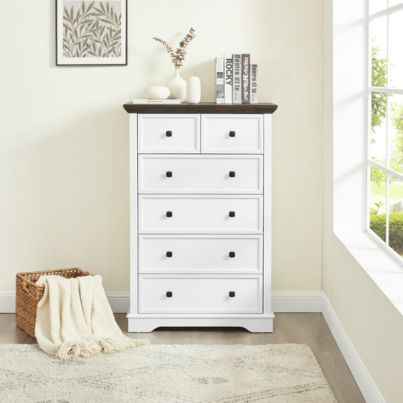 TrumanPick 6 Drawer Dresser 48" Tall Chest of Drawers Wood Dresser for Bedroom Living Room 32"W x 16"D, White