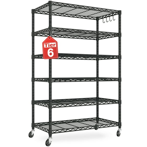 TrumanPick 6-Tier Metal Storage Shelves, 36"W x 16"D x 76"H Adjustable Garage Shelving with Feet & Wheel, Wire Shelving Unit for Laundry Kitchen Pantry, Black