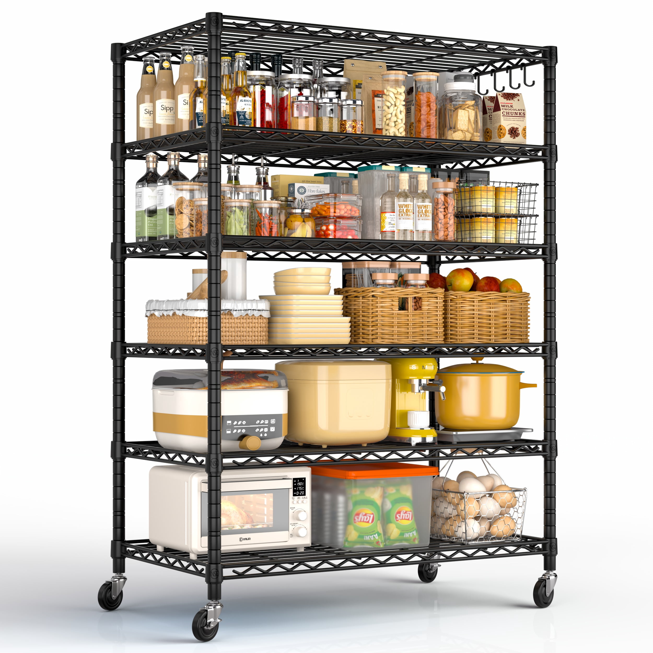 TrumanPick 6-Tier Storage Shelves, 36"W x 18"D x 75"H Wire Shelving Unit, Kitchen Metal Shelves, Adjustable Storage Rack with Hooks for Garage Pantry Organization, Black
