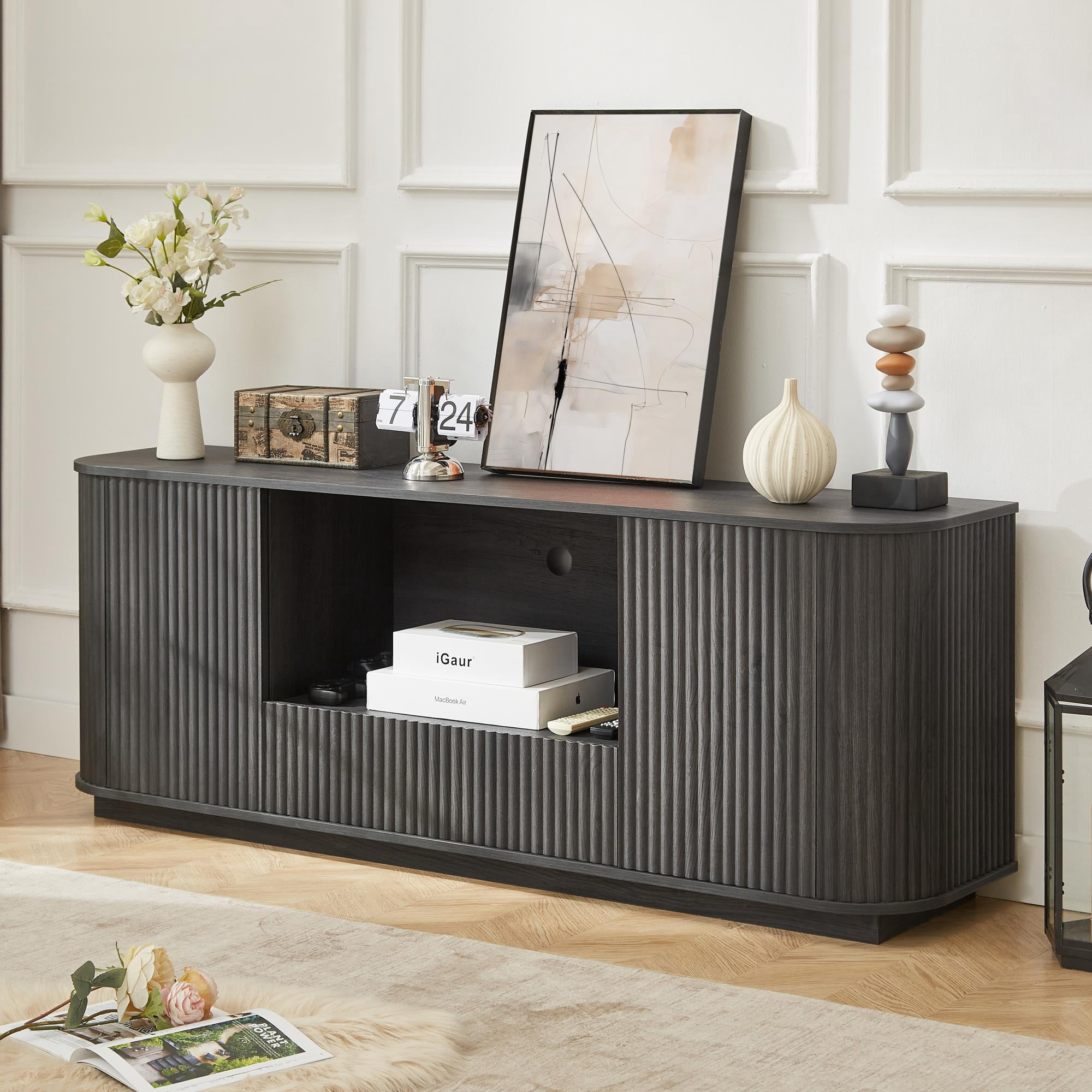 TrumanPick 64" Fluted TV Stand, Modern Chic Entertainment Center for TVs Up to 75 inches, TV Console with Wooden Vertical Stripe, Curved Profile Design, Media Console for Living Room, Black