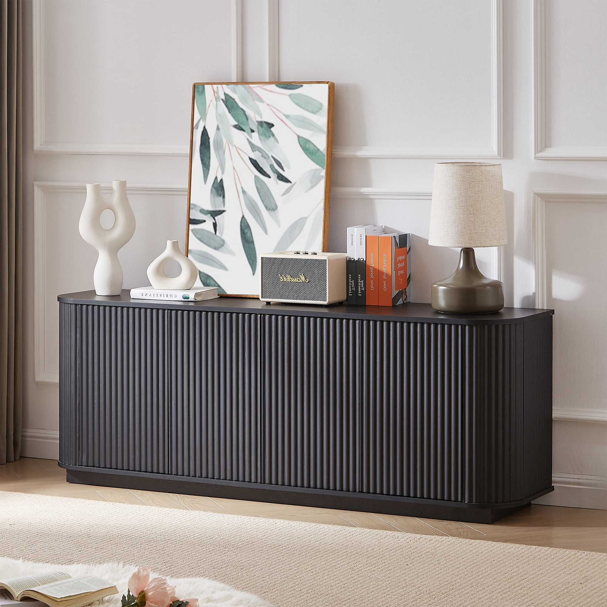 TrumanPick 64"Buffet Cabinet, Wooden Fluted Storage Cabinet Sideboard with Adjustable Shelves for Kitchen&Living Room, 64''W x 15''D x 24''H, Black
