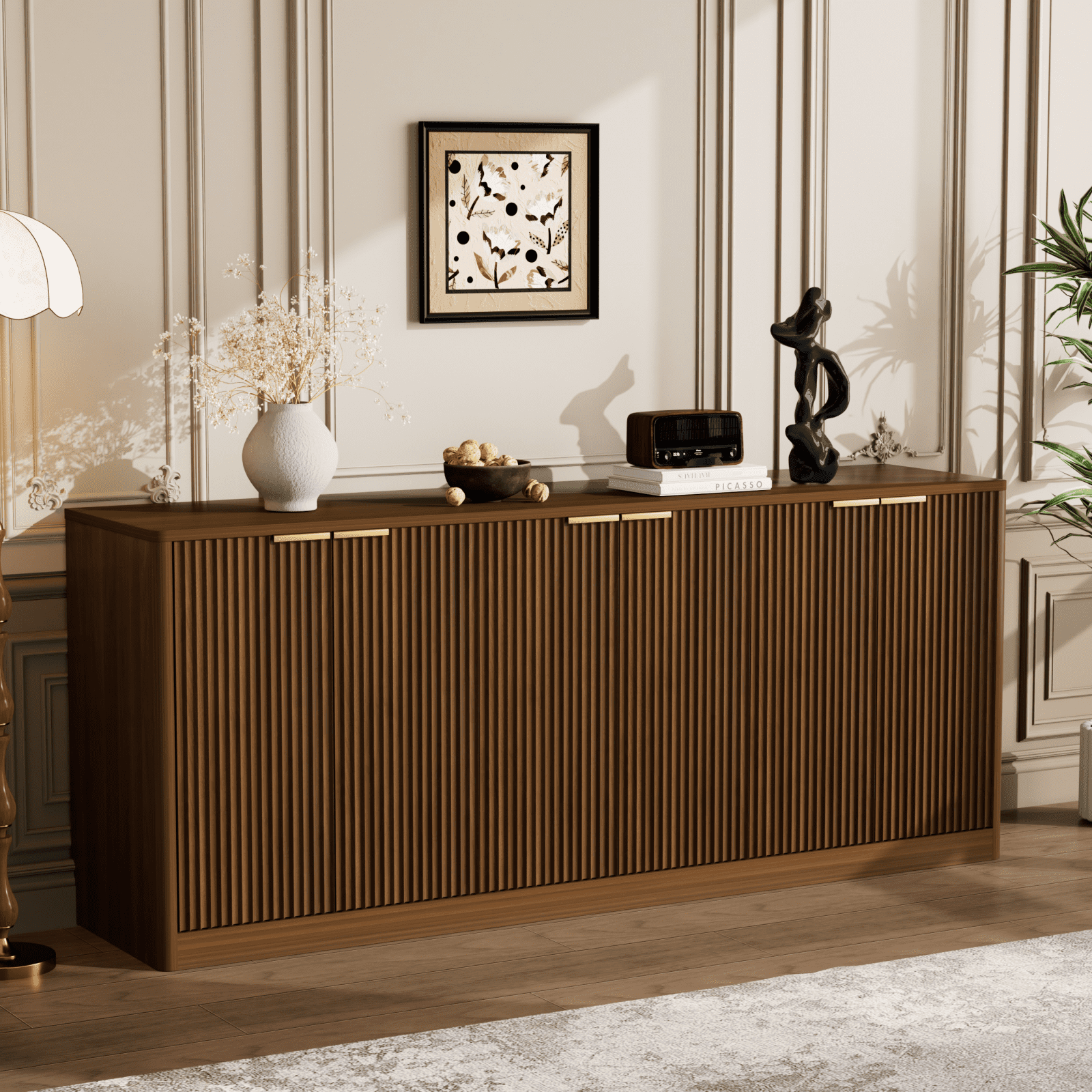 TrumanPick 67" Fluted Walnut Buffet Cabinet Sideboard with Storage, Large Credenza with 6 Doors, Wood Mid Century Modern Sideboard for Kitchen Living Room