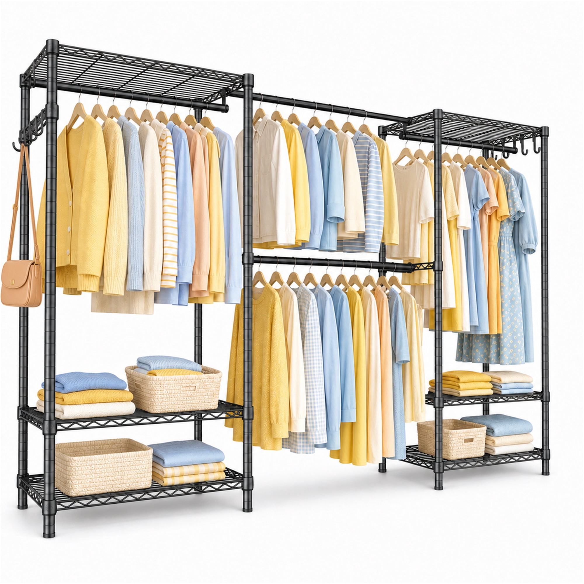 TrumanPick 71.5"-91.3" W Extendable Clothes Rack with Wire Shelves, Heavy Duty Clothes Storage System, Freestanding Clothing Rack for Hanging Clothes Load 1280lbs, Black