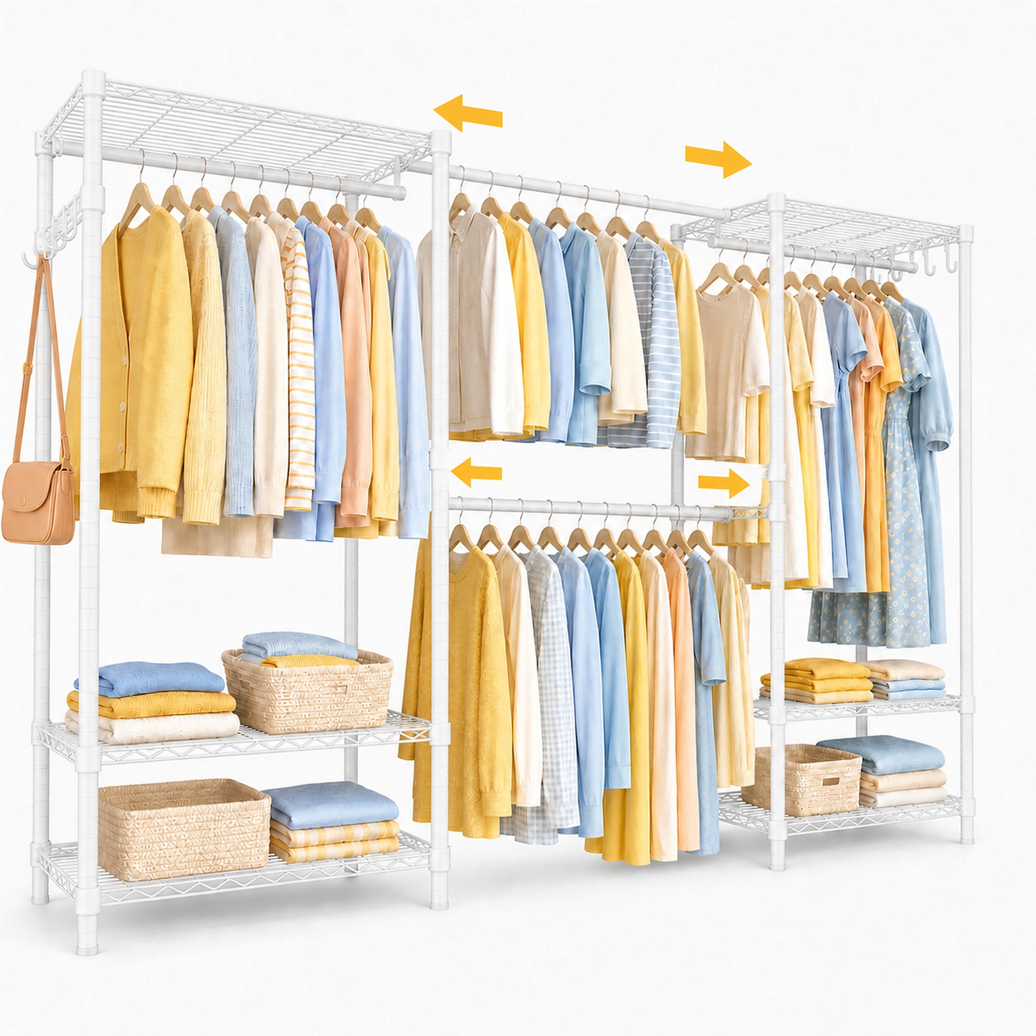 TrumanPick 71.5"-91.3" W Extendable Clothes Rack with Wire Shelves, Heavy Duty Clothes Storage System, Freestanding Clothing Rack for Hanging Clothes Load 1280lbs, White