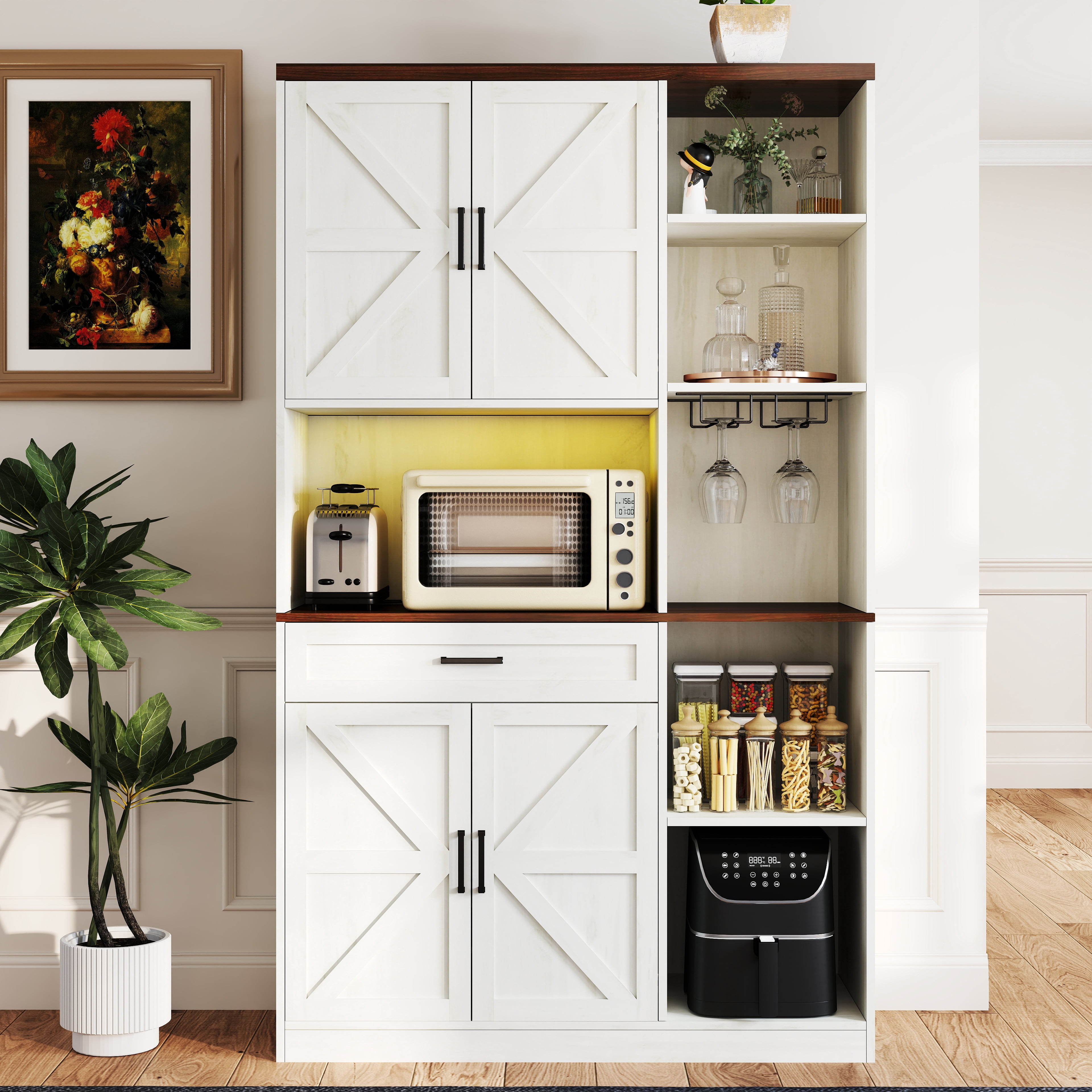 TrumanPick 71" Farmhouse Kitchen Pantry Cabinet with Lights and Charging Station, Coffee Bar Cabinet, Adjustable Shelves, Buffet for Kitchen and Dining Room,White
