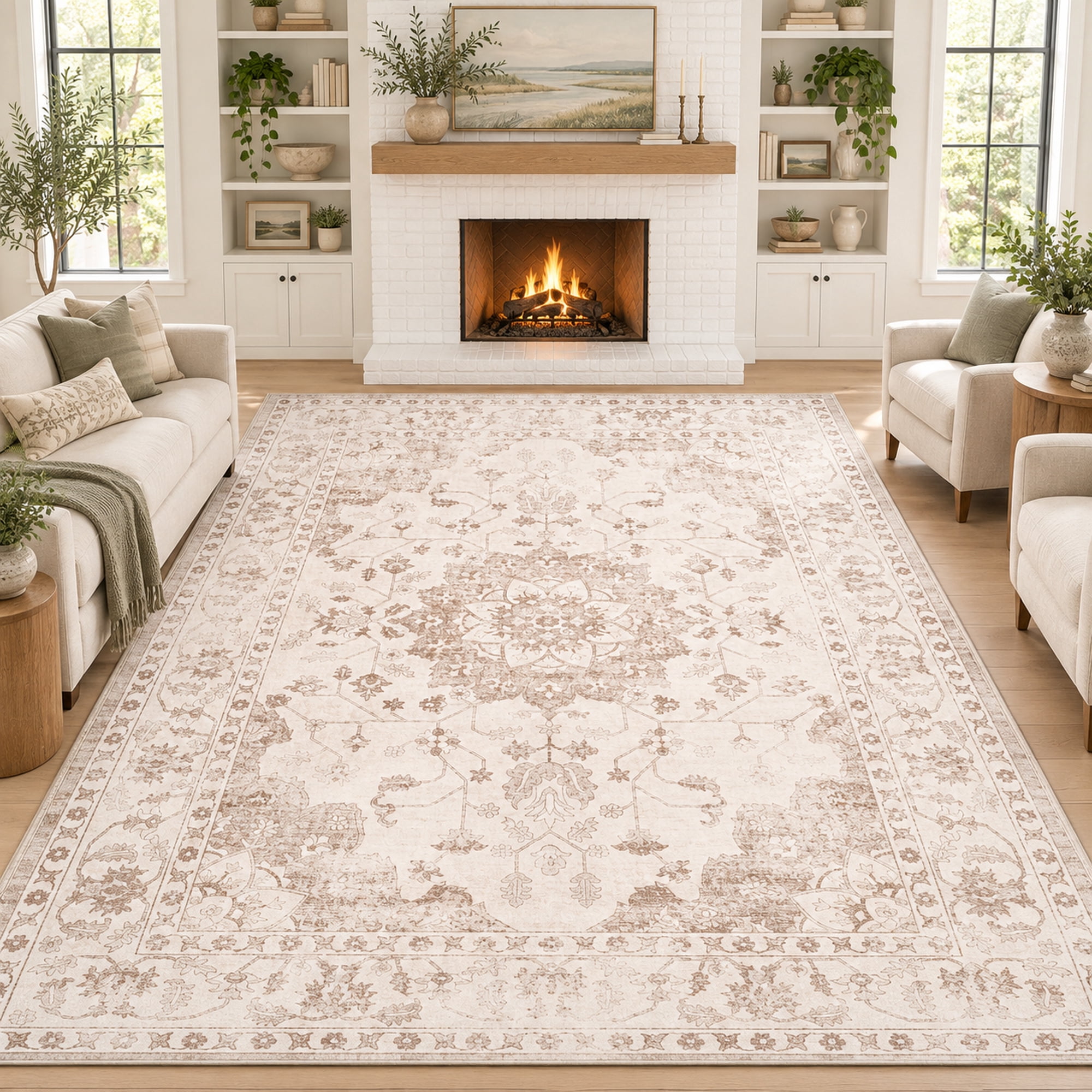 TrumanPick 8x10 Washable Rug, Vintage Distressed Medallion Rugs with Non-Slip & Stain Resistant, Large Beige Area Rug for Living Room Bedroom Dining Room