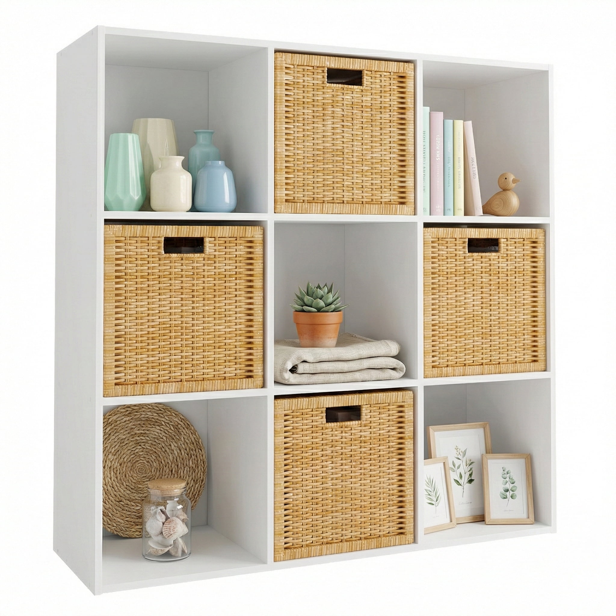 TrumanPick 9-Cube Stackable Open Bookcase Display Shelf Storage Organizer,Wood Wooden Cube Bookcase for Home and Office Organization, White