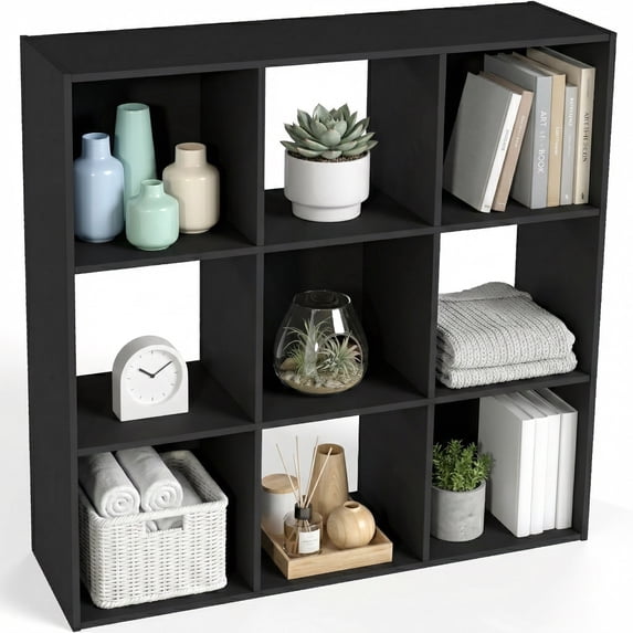 TrumanPick 9 Cube Storage Organizer, Stackable Cube Bookshelf, Wood Cubes Shelf Open Storage Shelf for Toy &Clothes Book Organization, Blakck