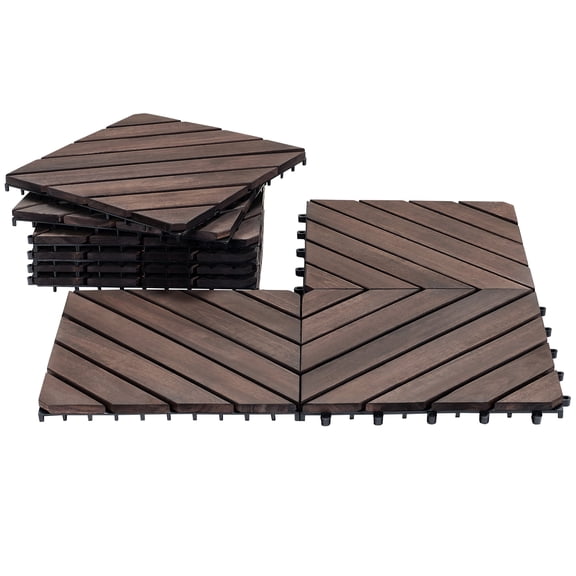 TrumanPick 9Pcs Interlocking Deck Tiles Outdoor Patio Flooring Waterproof Acacia Wood Patio Pavers for Balcony Garden Porch Pool, Espresso Brown Diagonal Slat