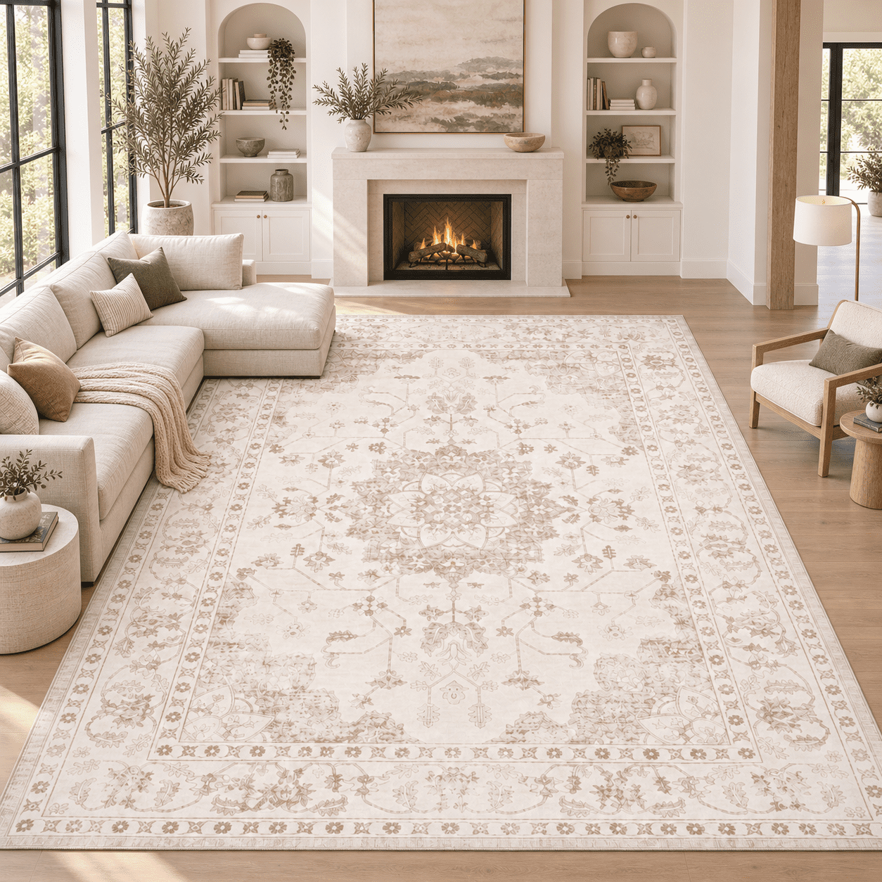 TrumanPick 9x12 Washable Rug, Vintage Distressed Medallion Rugs with Non-Slip & Stain Resistant, Large Beige Area Rug for Living Room Bedroom Dining Room