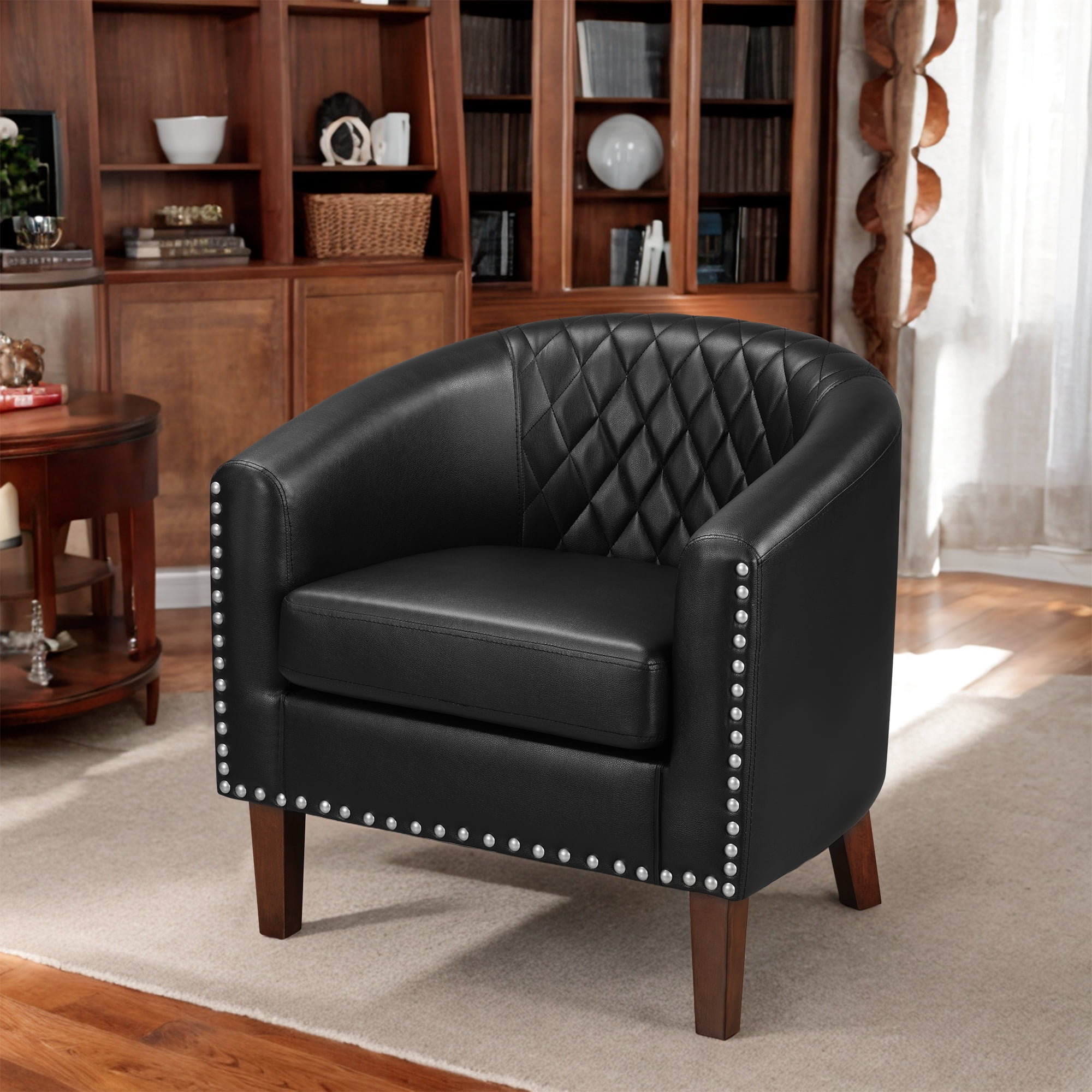 TrumanPick Accent Barrel Chair, Faux Leather Barrel Chair Modern Tub Club Chair for Bedroom Living Room armchair, Black
