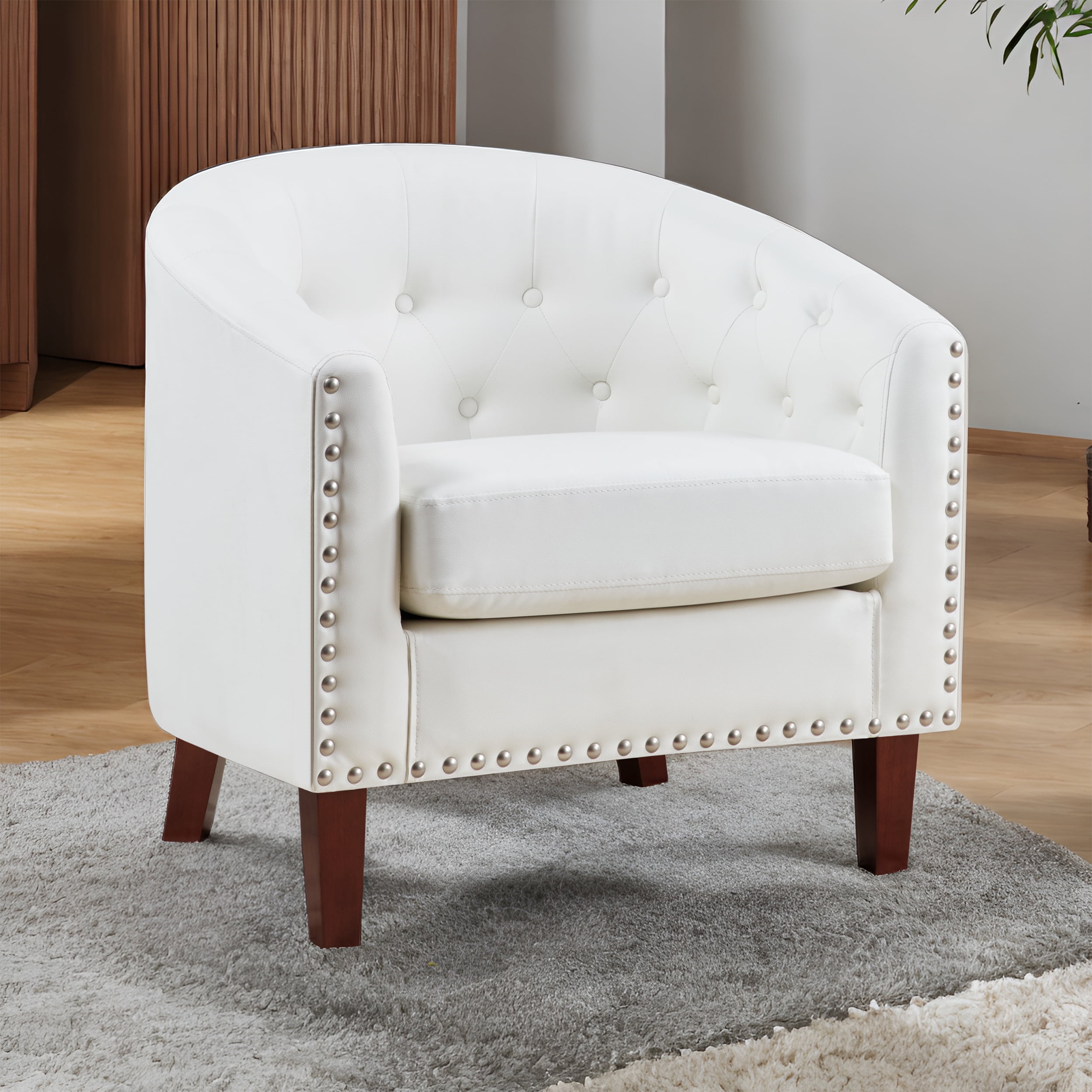 TrumanPick Accent Barrel Chair Faux Leather Club Chair NailHead Trim  Armchair for Living Room,White, image size:2500x2500