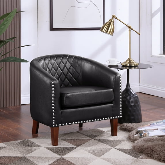 Barrel Accent Chair for living room, modern Leather Club Barrel Chair Comfy Reading Armchair for Bedroom, Black