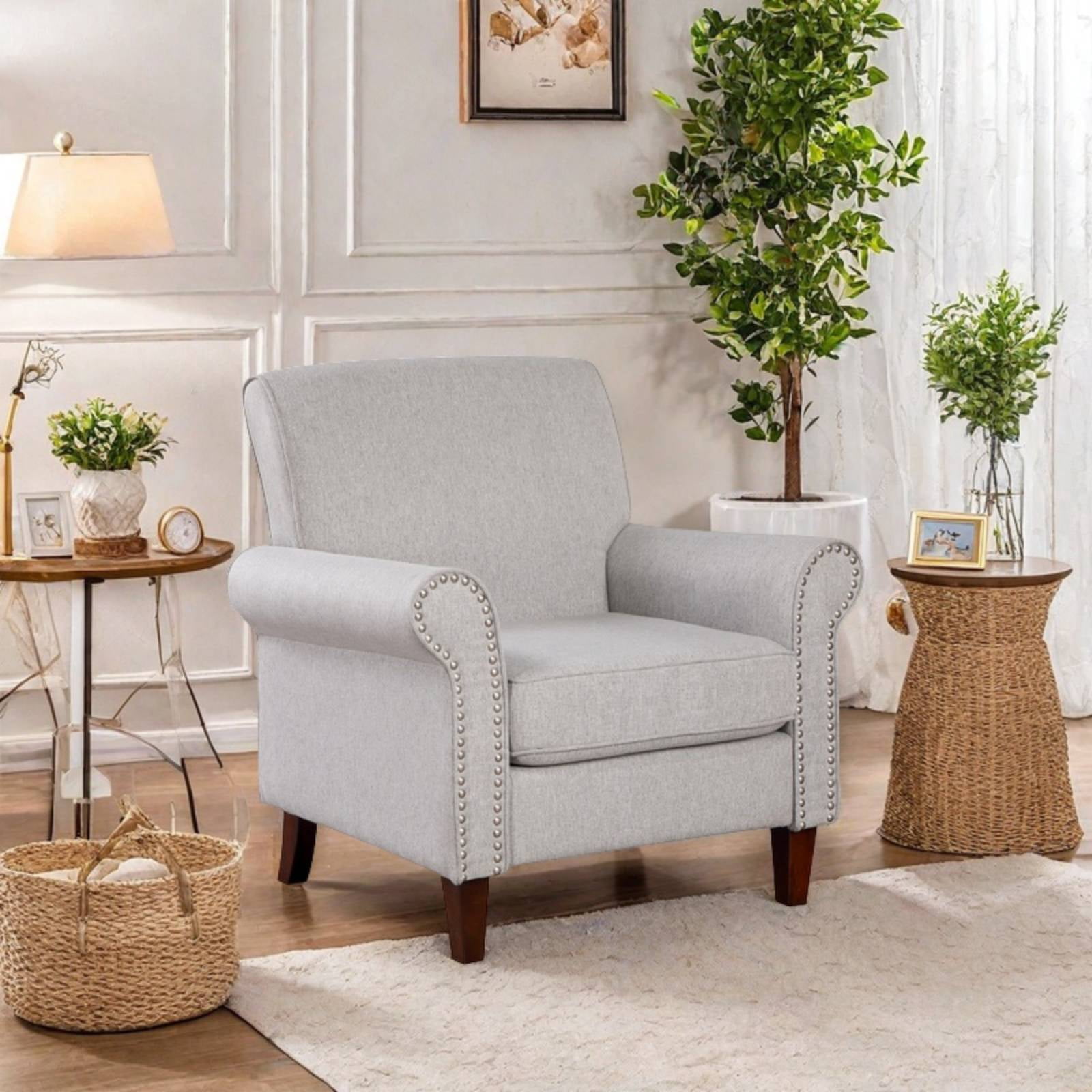 TrumanPick Accent Chairs Fabric Living Room Chairs Armchair with Nail-Head Trim Cozy Sofa Chair for Bedroom, Grey