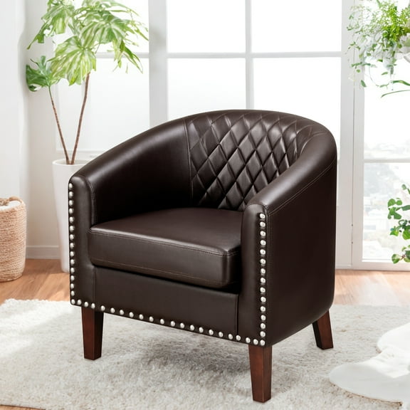 TrumanPick Accent Chair Comfy Club Barrel Chair Cozy Leather Reading Armchair for Living Room, Brown
