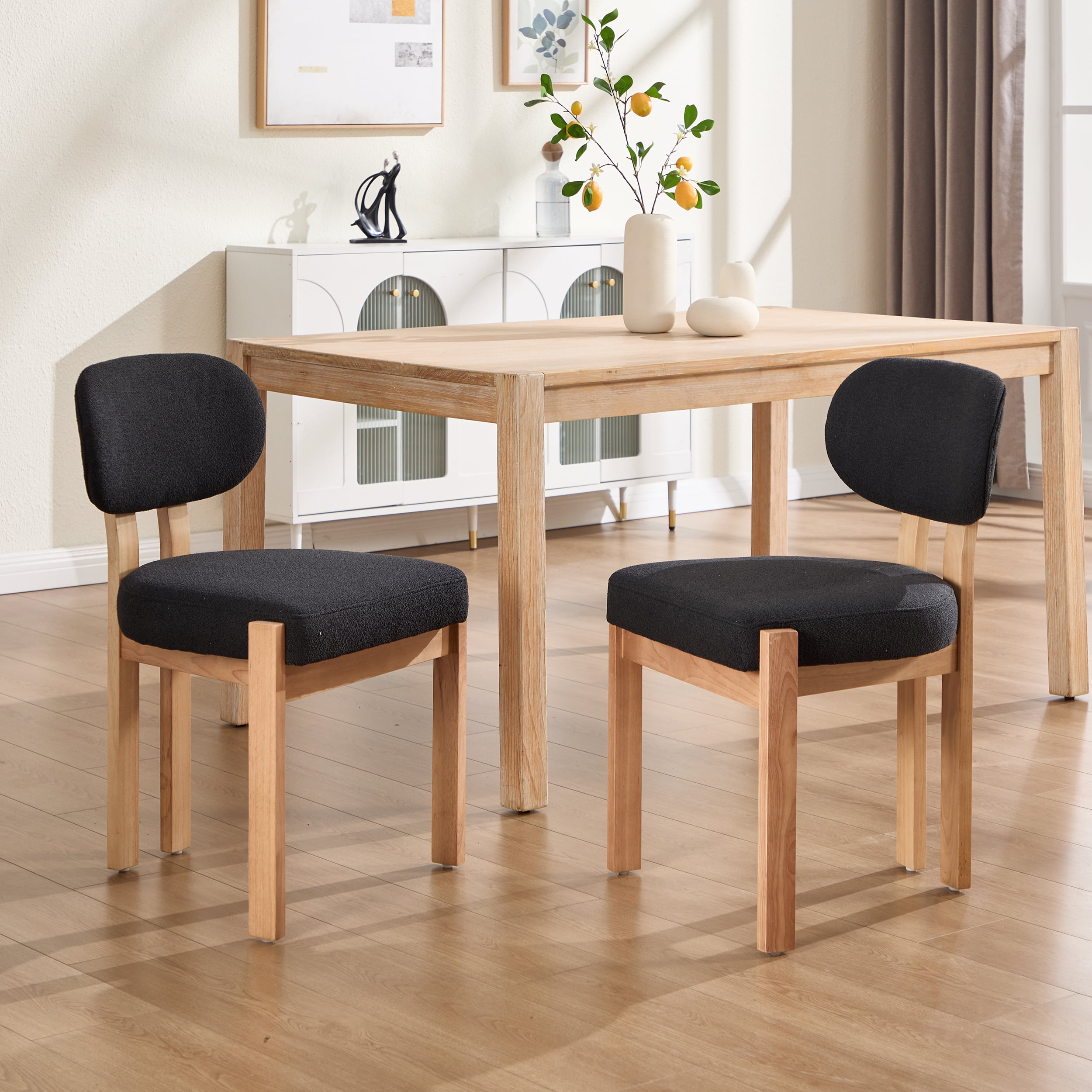 TrumanPick Set of 2 Farmhouse Dining Chairs with Upholstered Seats for Adults - Black Fabric, Solid Rubberwood