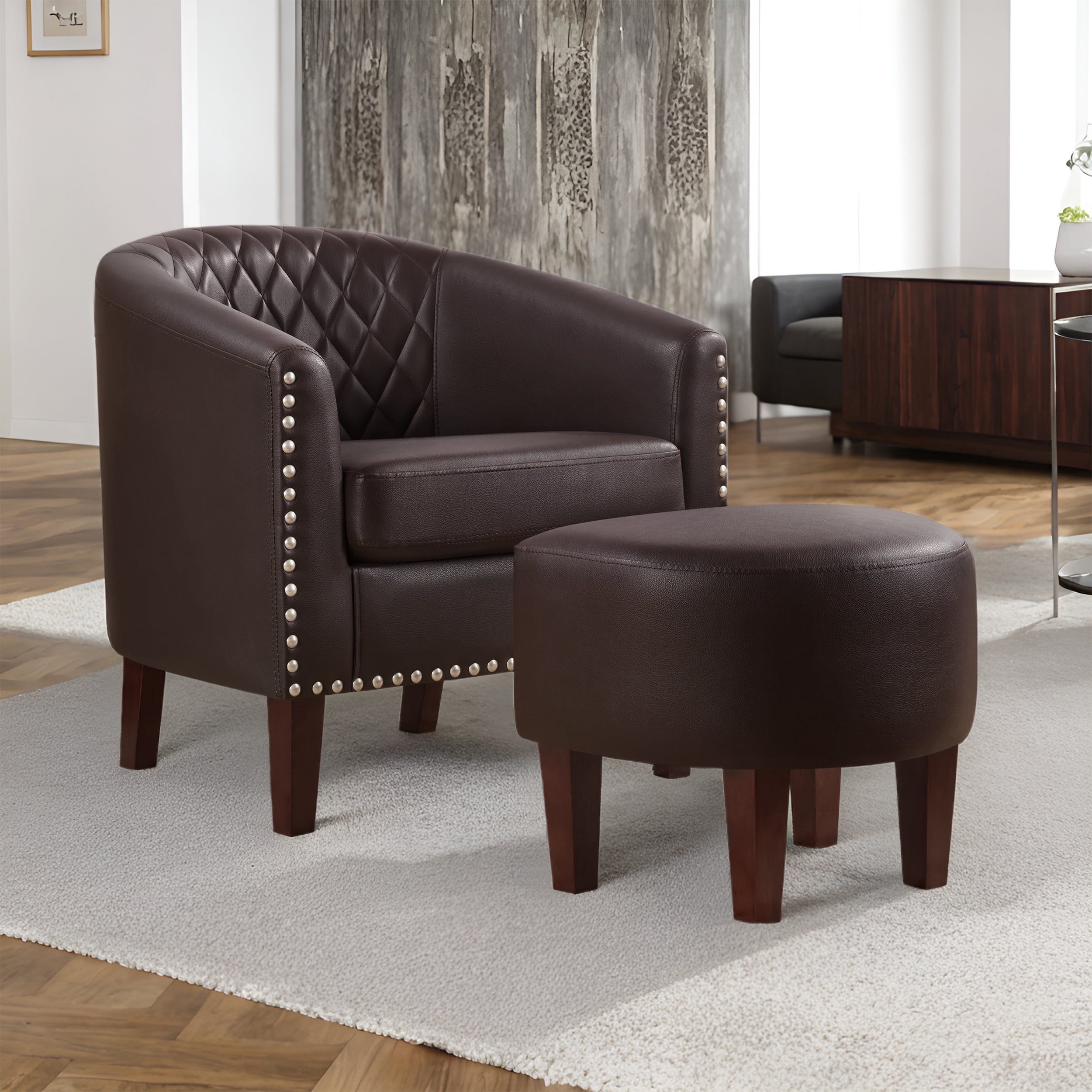TrumanPick Barrel Accent Chair with Ottoman, Leather Comfy Club Chair Cozy Living Room Reading Chair Armchair for Bedroom, Brown