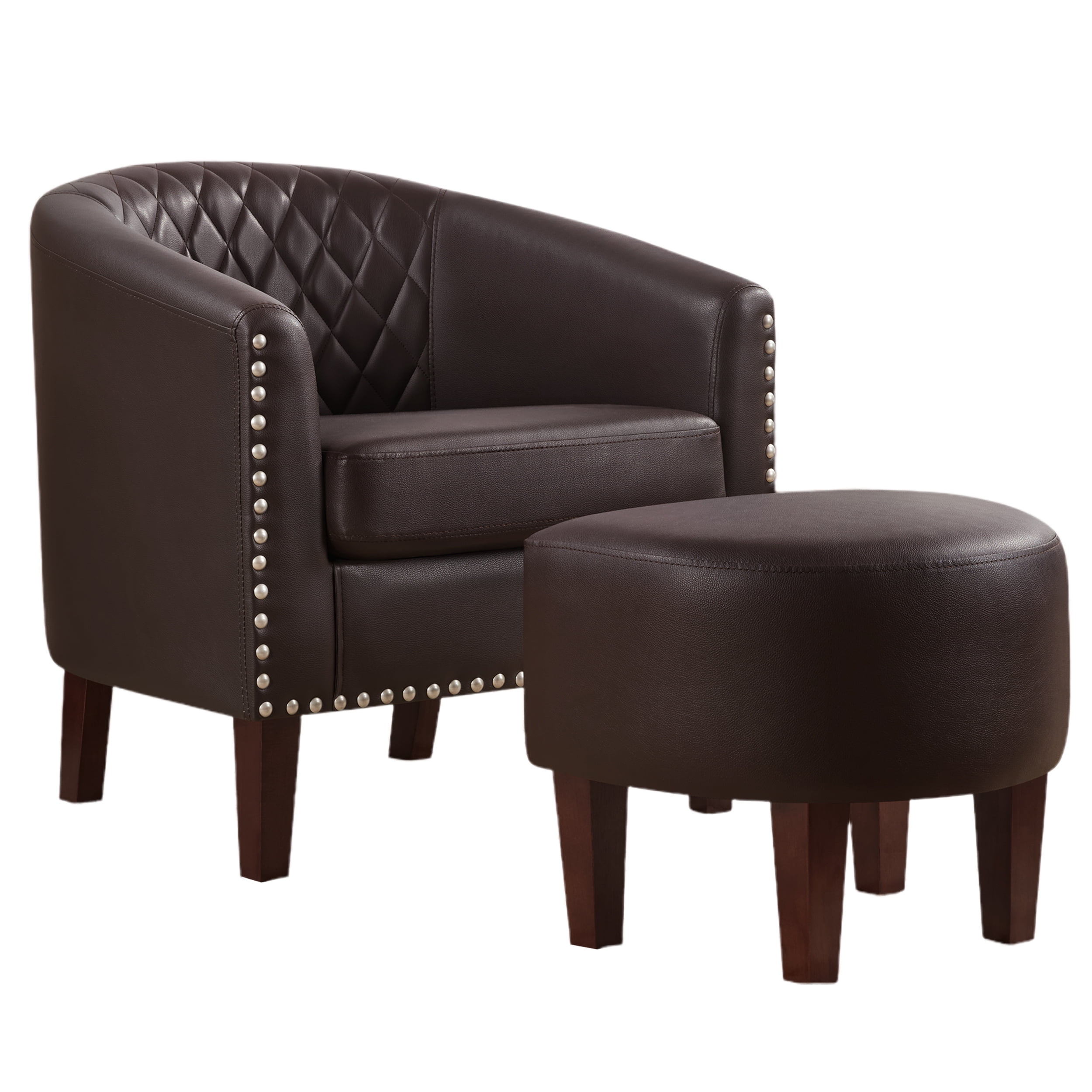 TrumanPick Barrel Chair with Ottoman Set, Leather Accent  Chair Club Armchairs Comfy Chairs for Living Room, Bedroom, Brown
