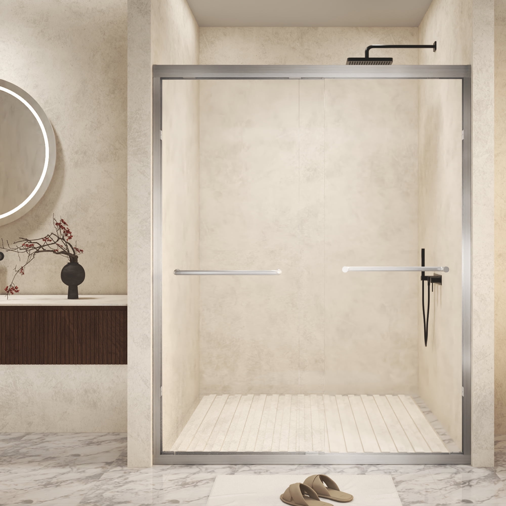 TrumanPick Double Sliding Door 56-60 "W x 60"H, Shower Door with 1/4'' (6 mm) Easy Clean Tempered Glass, Brushed Nickel