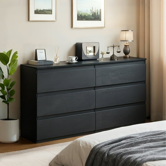 TrumanPick Black Dresser 6 Drawer Wood Dresser for Bedroom 47"W Chest of Drawers for Living Room, 16"D x 31"H
