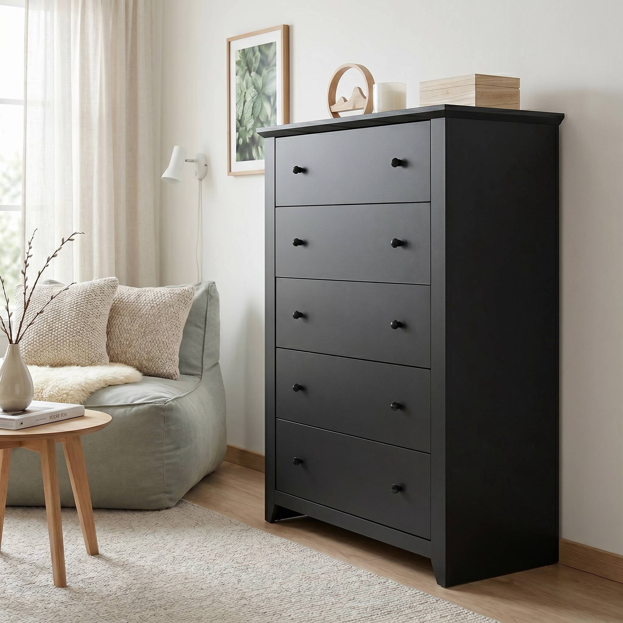 TrumanPick Black Dresser Tall 5 Drawer Dressers for Bedroom Wood Chest of Drawers for Living Room Hallway Entryway 47.2"H x 31.1"W x 15.7"D