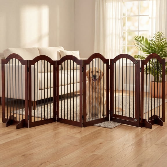 TrumanPick Free Standing Pet Gate with Door 36"H x 144"W Foldable Dog Gate 6 Panels Solid Wooden Dog Fence Indoor with Support Feet for House Doorways Stairs, Brown