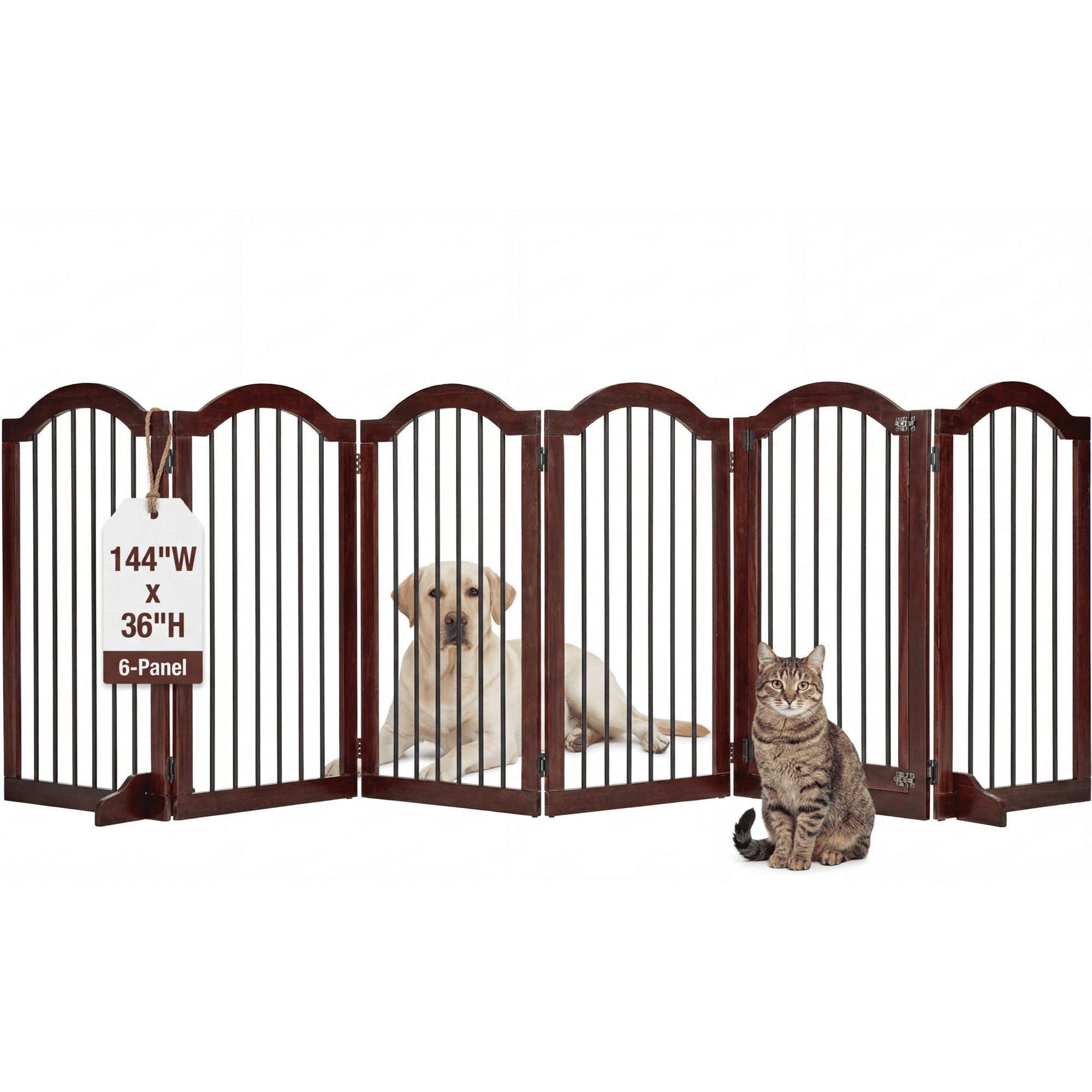 TrumanPick Free Standing Pet Gate with Door 36"H x 144"W Foldable Dog Gate 6 Panels Solid Wooden Dog Fence Indoor with Support Feet for House Doorways Stairs, Brown