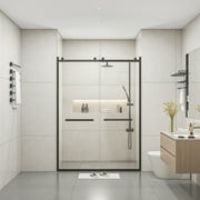 TrumanPick Double Sliding Shower Door，56-60" W x 70" H Semi-Frameless Sliding Glass Shower Door with 3/8"(10mm) Clear Tempered Glass，Matte Black