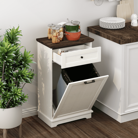TrumanPick Single Tilt Out Trash Can Cabinet for 10 Gallon Pull-Out Waste Bin, Free Standing Kitchen Trash Can with Drawers, Pet Proof Garbage Can Holder - Antique White
