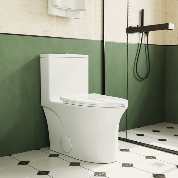 TrumanPick Elongated One Piece Toilet with 1.6 GPF Dual Flush, Compact Toilet, MAP Score 1000g, 12'' Rough-in, White
