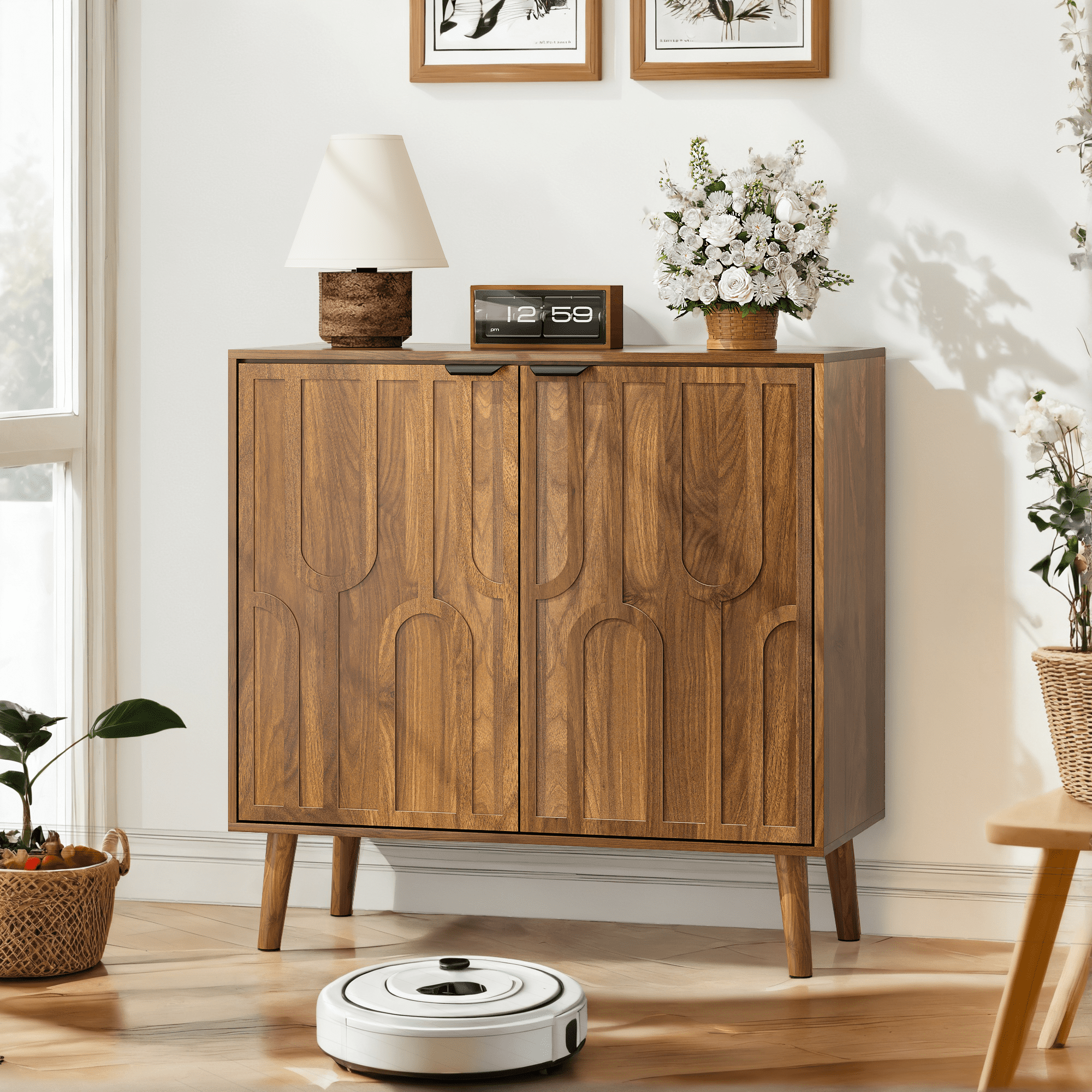 TrumanPick Farmhouse Buffet Cabinet with Paper Clip Design – Wood Sideboard with Storage for Kitchen, Dining Room, Living Room, Entryway, Walnut, 31.5" W