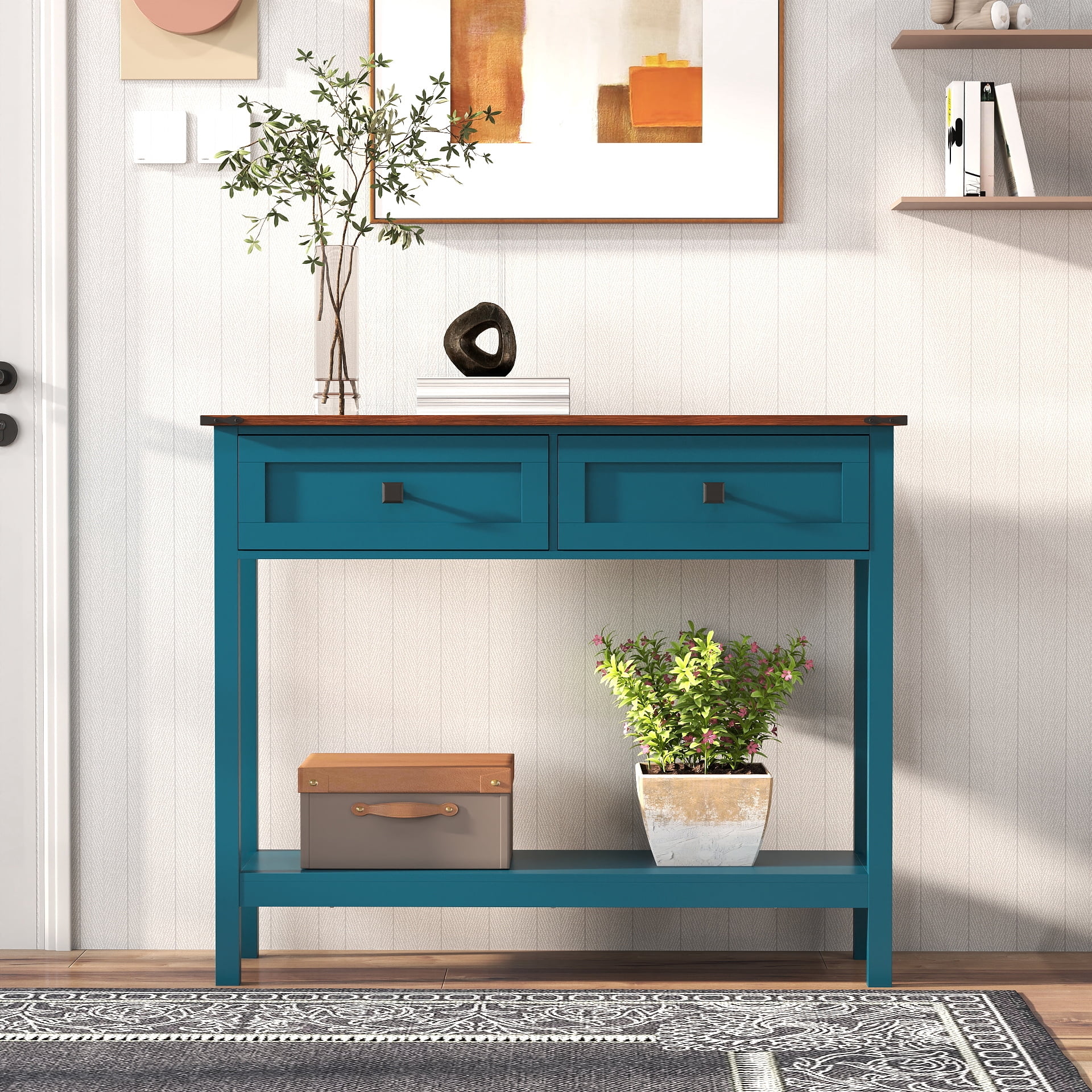 TrumanPick Farmhouse Console Table with 2 Drawer and Bottom Storage Shelf for Entryway, Buffet Sideboard, Rustic Side Table with for Living room, Hallway, Pagoda Blue