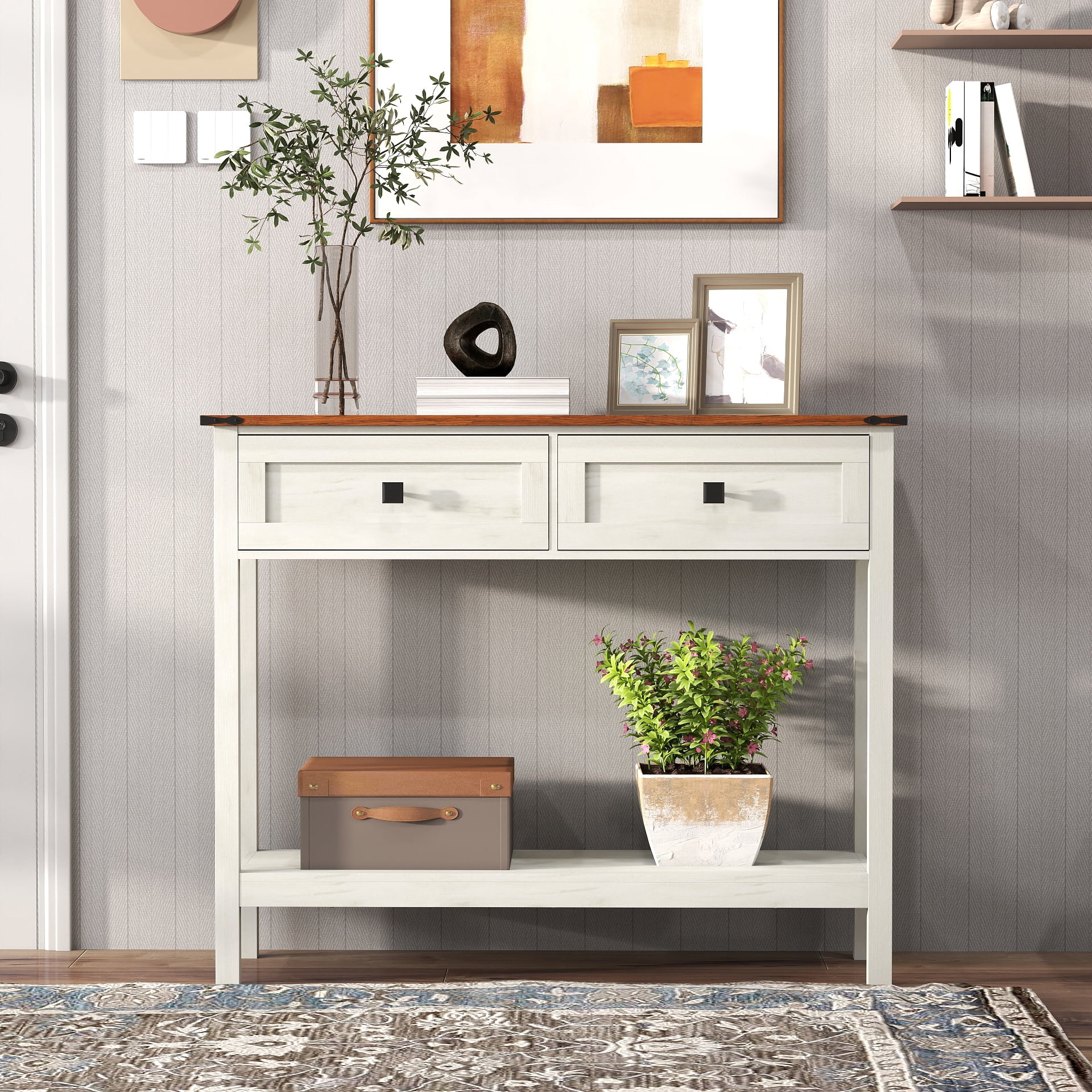 TrumanPick Farmhouse Console Table with 2 Drawers, Narrow Wood Accent Sofa Table Entryway Table with Storage Shelf, Buffet Sideboard for Entryway Living Room, White