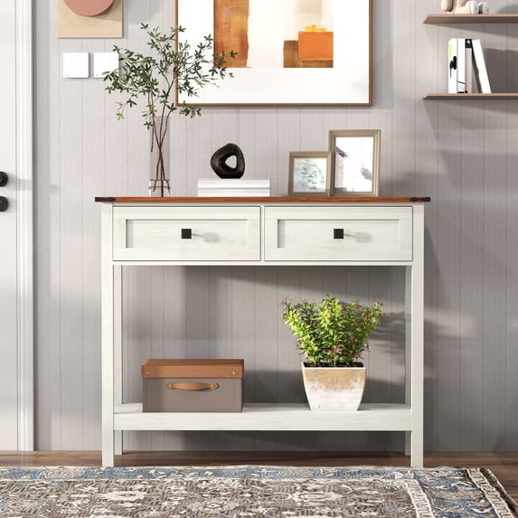 TrumanPick Farmhouse Console Table with 2 Drawers, Narrow Wood Accent Sofa Table Entryway Table with Storage Shelf, Buffet Sideboard for Entryway Living Room, White