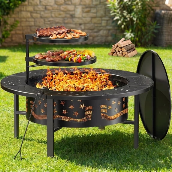 TrumanPick Fire Pit for Outside 42" Wood Burning Fire Pit Tables with 2 Adjustable Swivel BBQ Grills, Lid, Poker for Patio Backyard BBQ Ice Storage