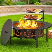 TrumanPick Fire Pit for Outside 42" Wood Burning Fire Pit Tables with 2 Adjustable Swivel BBQ Grills, Lid, Poker for Patio Backyard BBQ Ice Storage